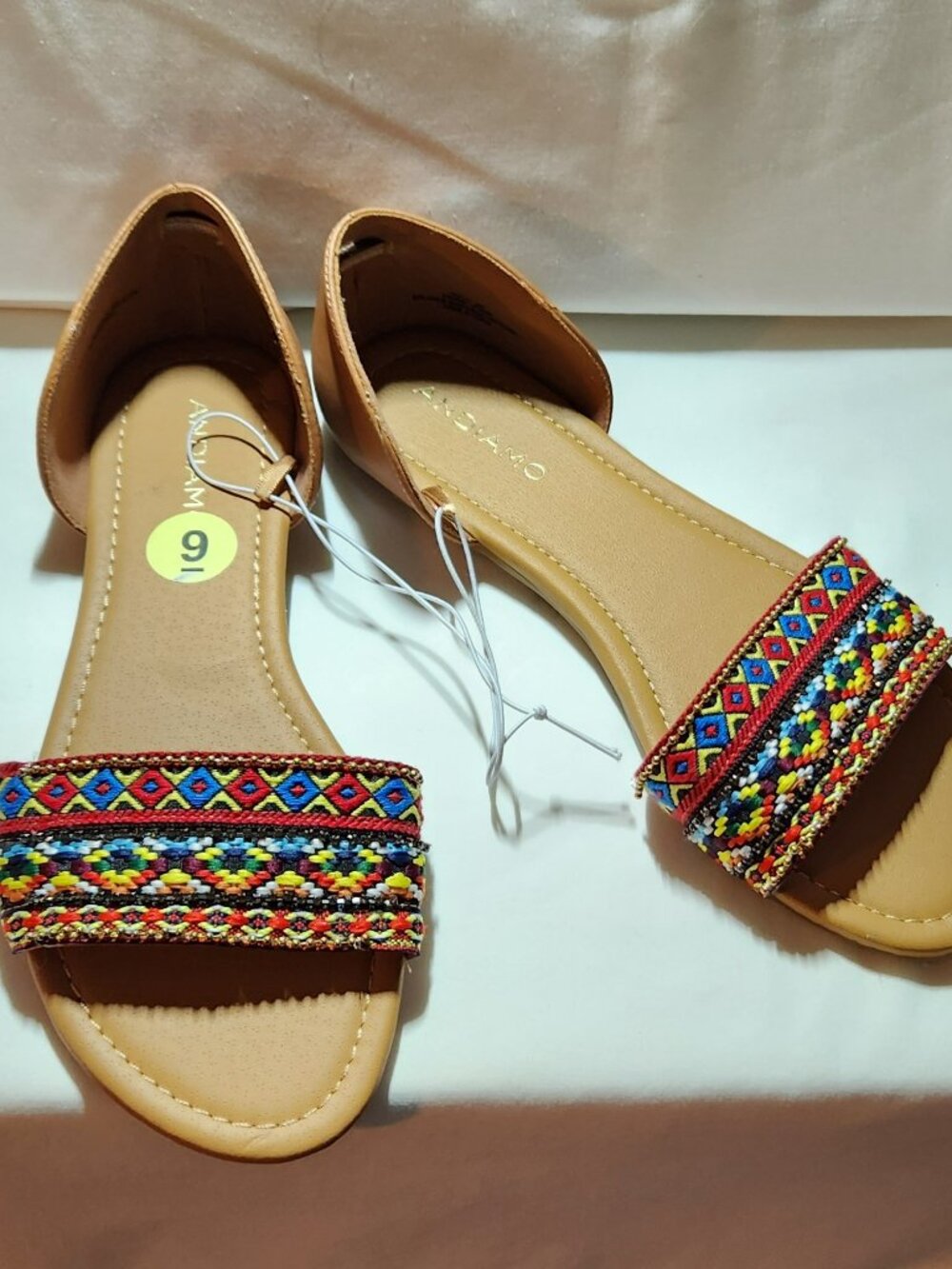 Andiamo D'Orsay style flats sz 9 light brown multi color embroidered beaded NEW
